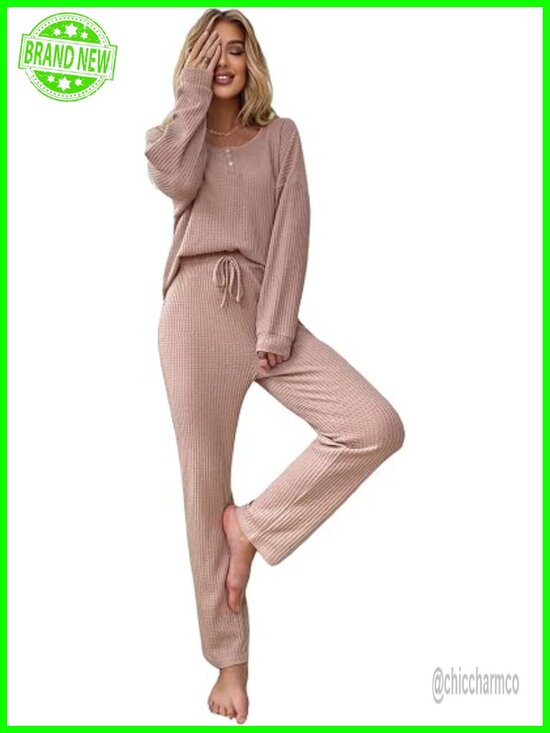 Other - Waffle Knit Pajama Lounge Set Long Pants Sleepwear 2 Piece